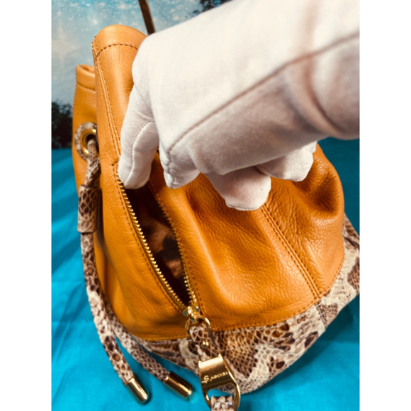 B Makowsky Tan Leather Bucket Bag Alligator Trim & Leopard Lining Ex Condition - Picture 6 of 16